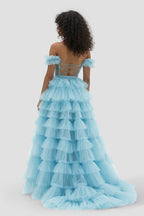 Royal Blue Off the Shoulder Ruffle Tiered Tulle Long Formal Prom Gown with Slit