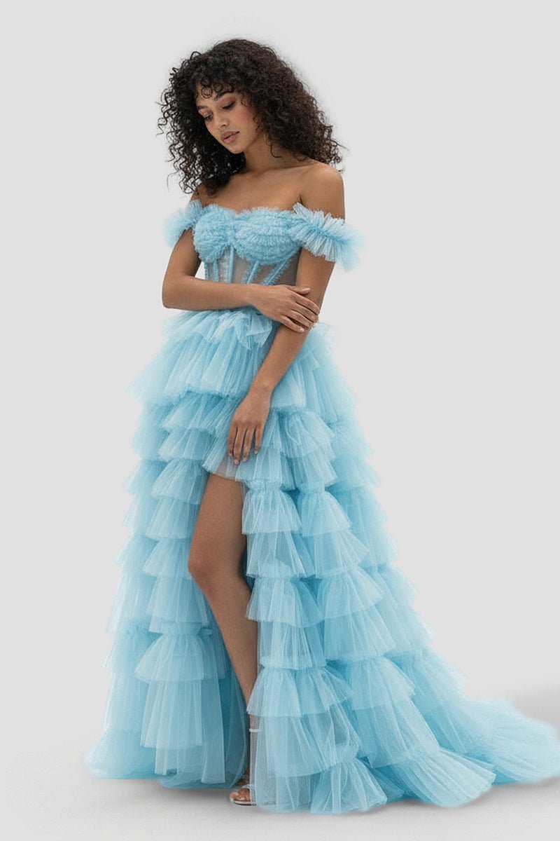 Royal Blue Off the Shoulder Ruffle Tiered Tulle Long Formal Prom Gown with Slit