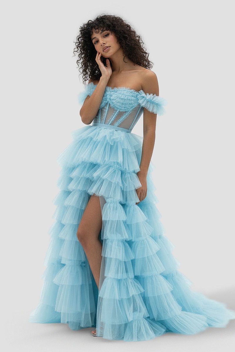 Royal Blue Off the Shoulder Ruffle Tiered Tulle Long Formal Prom Gown with Slit