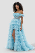 Royal Blue Off the Shoulder Ruffle Tiered Tulle Long Formal Prom Gown with Slit