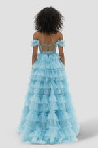 Royal Blue Off the Shoulder Ruffle Tiered Tulle Long Formal Prom Gown with Slit