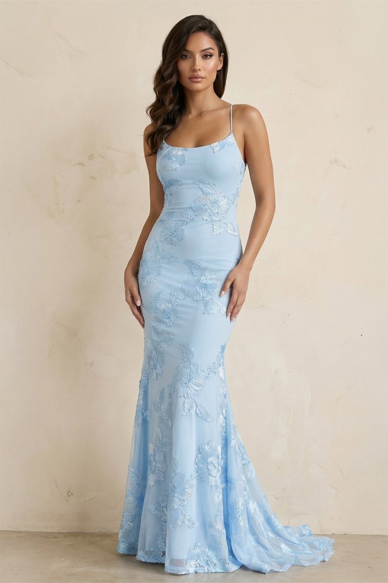 Sky Blue Spaghetti Straps Mermaid Tulle Long Formal Prom Gown With Appliques