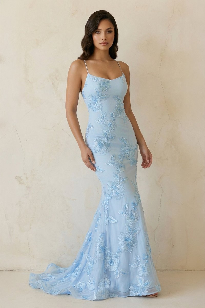 Sky Blue Spaghetti Straps Mermaid Tulle Long Formal Prom Gown With Appliques