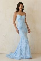 Sky Blue Spaghetti Straps Mermaid Tulle Long Formal Prom Gown With Appliques