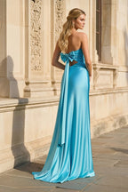 Blue Sweetheart Sheath Satin Cutout Long Formal Prom Gown With Bow