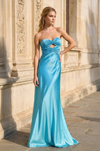 Blue Sweetheart Sheath Satin Cutout Long Formal Prom Gown With Bow