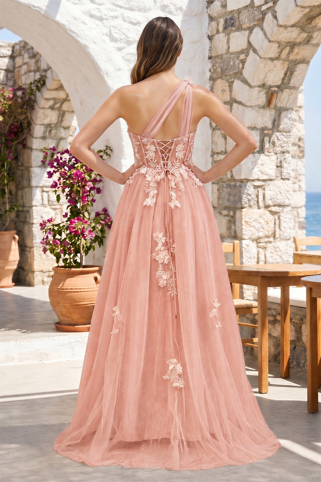 A Line One Shoulder Black Long Formal Prom Gown with Appliques