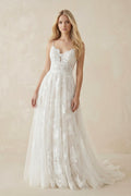 White Lace A-Line Wedding Dress with Appliques and Sweep Train