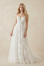 White Lace A-Line Wedding Dress with Appliques and Sweep Train