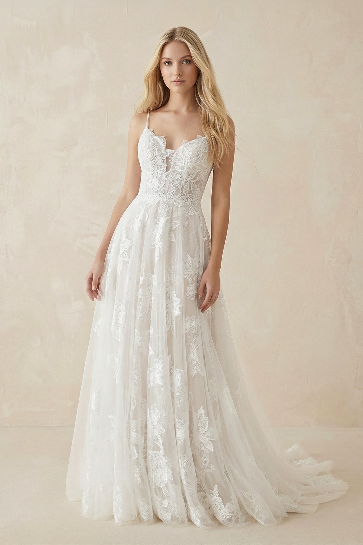 White Lace A-Line Wedding Dress with Appliques and Sweep Train