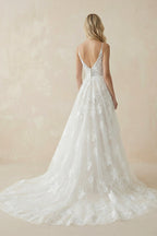 White Lace A-Line Wedding Dress with Appliques and Sweep Train