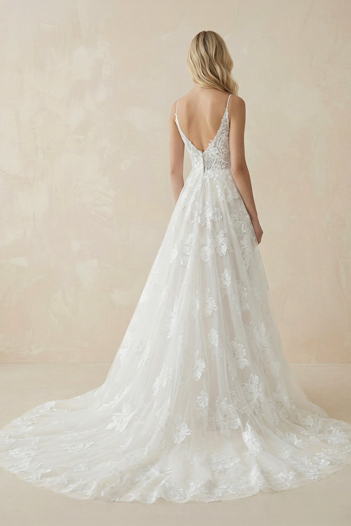 White Lace A-Line Wedding Dress with Appliques and Sweep Train
