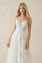 White Lace A-Line Wedding Dress with Appliques and Sweep Train