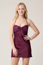 Thessaly Burgundy side view homecoming dress