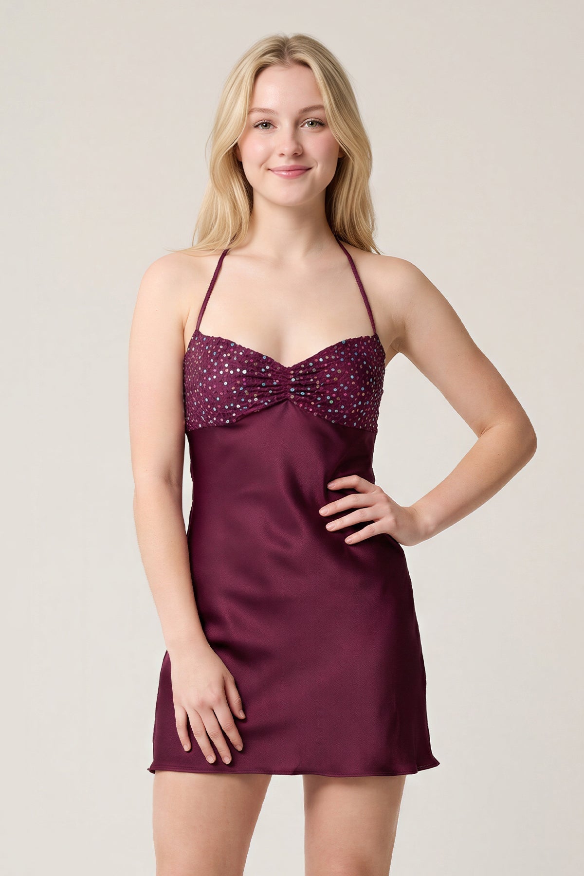 Thessaly Burgundy side view homecoming dress