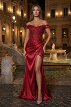 Burgundy Off The Shoulder Mermaid Beaded Satin Long Formal Prom Gown With Appliques