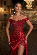 Burgundy Off The Shoulder Mermaid Beaded Satin Long Formal Prom Gown With Appliques