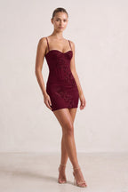 Burgundy Spaghetti Straps Sheath Homecoming Dress With Floral Embroidery
