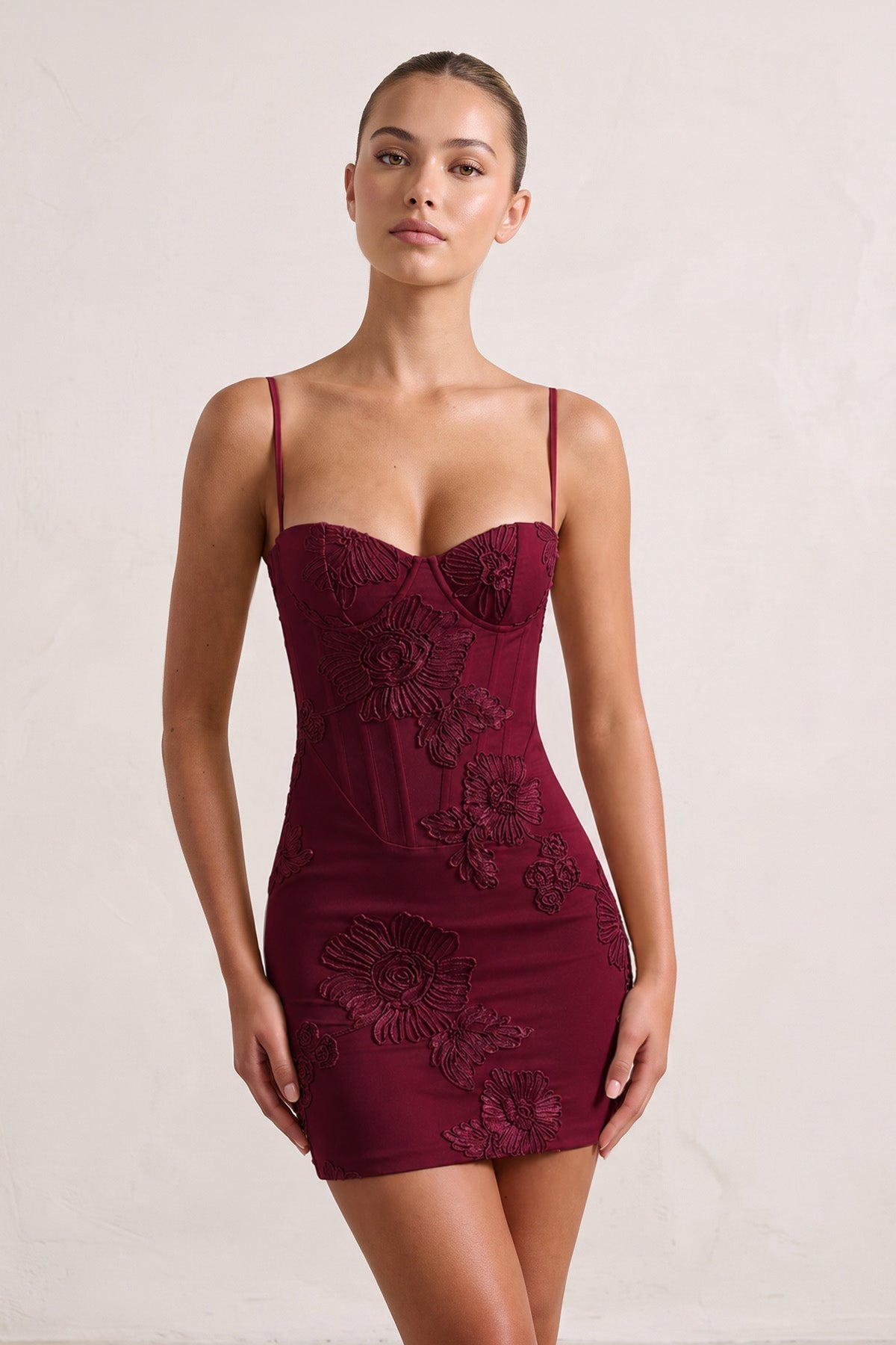 Burgundy Spaghetti Straps Sheath Homecoming Dress With Floral Embroidery