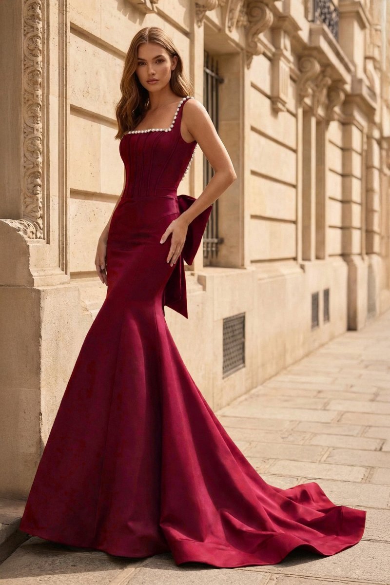 Yseult Burgundy front view evening dress