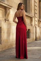 Yellow Satin Sheath Evening Dress with Sweetheart Neckline and Slit