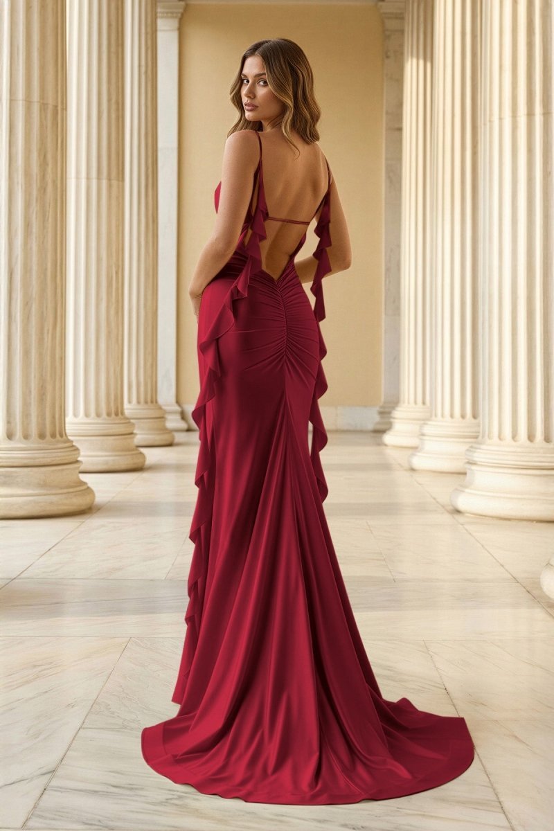 Gisella burgundy back view prom dress