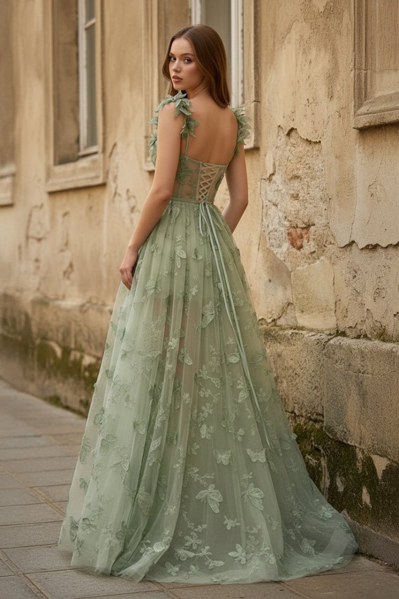 A-line Butterfly Lace Lilac Corset Formal Prom Gown with Slit