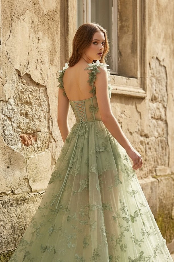 A-line Butterfly Lace Lilac Corset Formal Prom Gown with Slit
