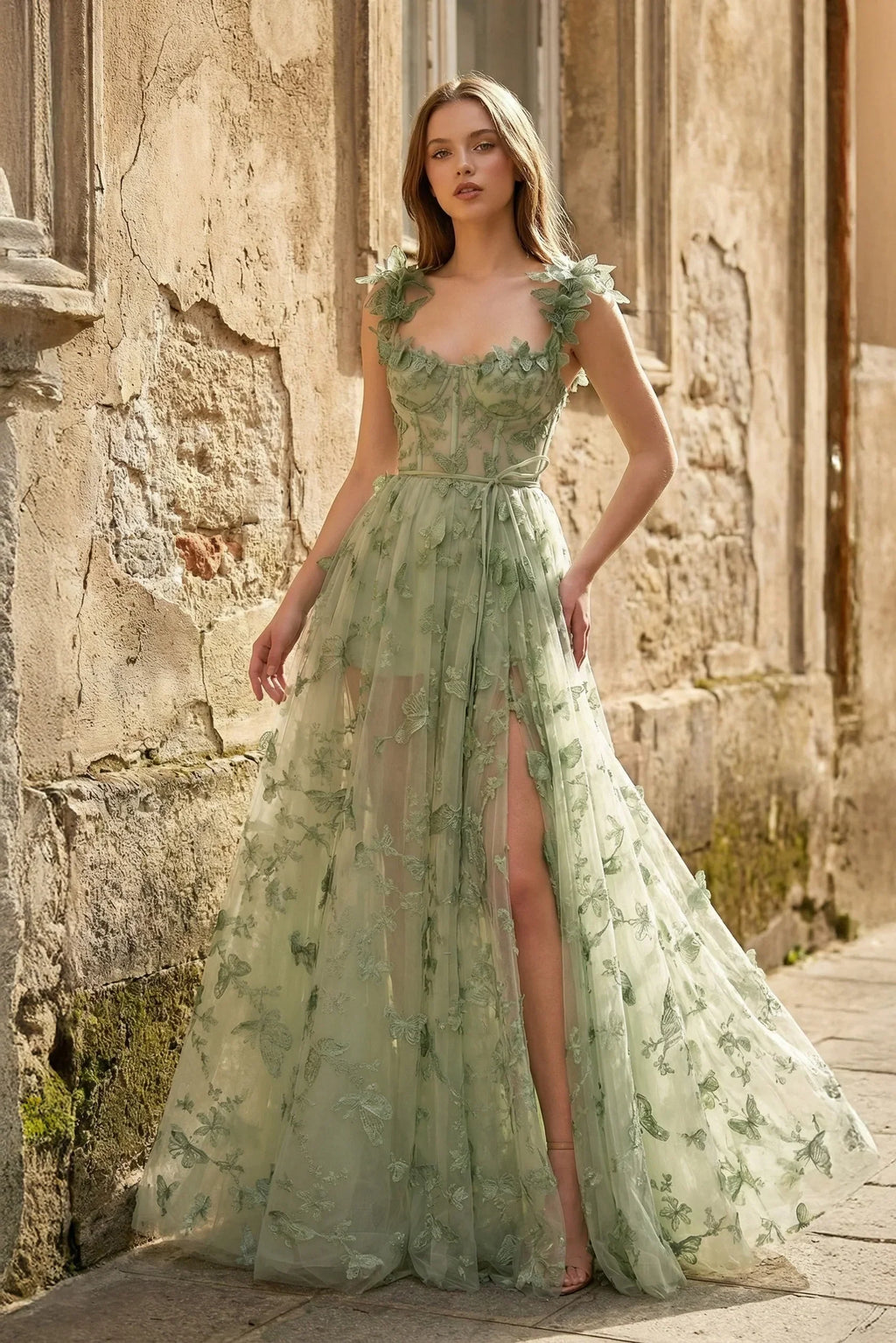 A-line Butterfly Lace Lilac Corset Formal Prom Gown with Slit