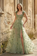 A-line Butterfly Lace Lilac Corset Formal Prom Gown with Slit