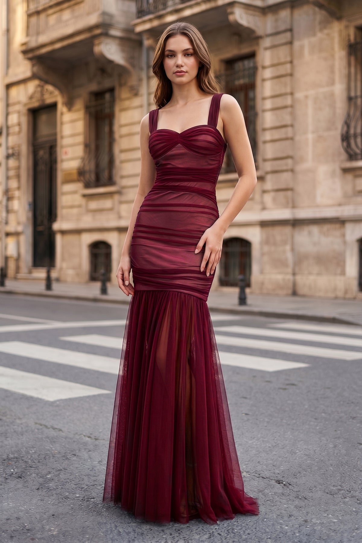 Oriella Claire Burgundy front view prom dress