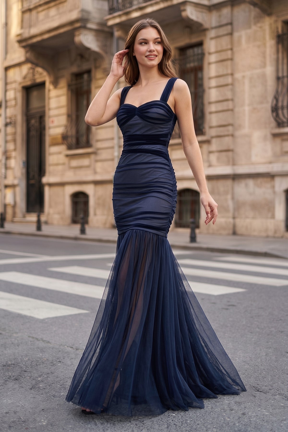 Oriella Claire Navy Blue front view prom dress