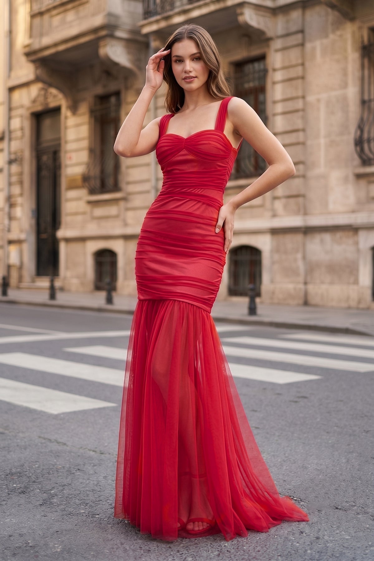 Oriella Claire Red front view prom dress