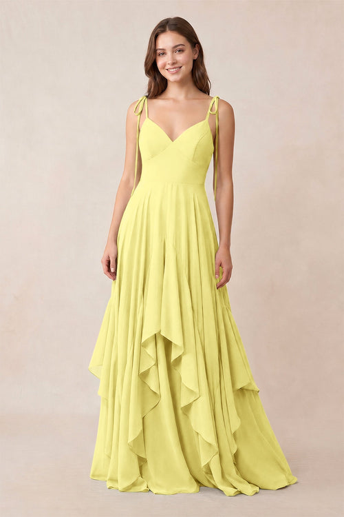 As Picture Chiffon A-Line Bridesmaid Dress with Spaghetti Straps Neckline and Ruffles