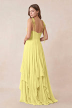 As Picture Chiffon A-Line Bridesmaid Dress with Spaghetti Straps Neckline and Ruffles