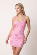 Candy Pink Cami Straps Sheath Floral Embroidery Tulle Homecoming Dress