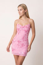 Candy Pink Cami Straps Sheath Floral Embroidery Tulle Homecoming Dress