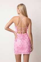 Candy Pink Cami Straps Sheath Floral Embroidery Tulle Homecoming Dress