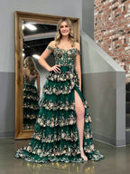 A-Line Lace Off-the-Shoulder Tiered Long Formal Prom Gown with Slit