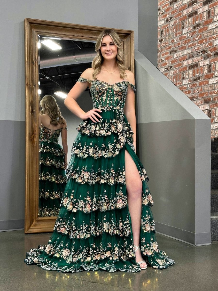A-Line Lace Off-the-Shoulder Tiered Long Formal Prom Gown with Slit