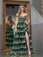 A-Line Lace Off-the-Shoulder Tiered Long Formal Prom Gown with Slit