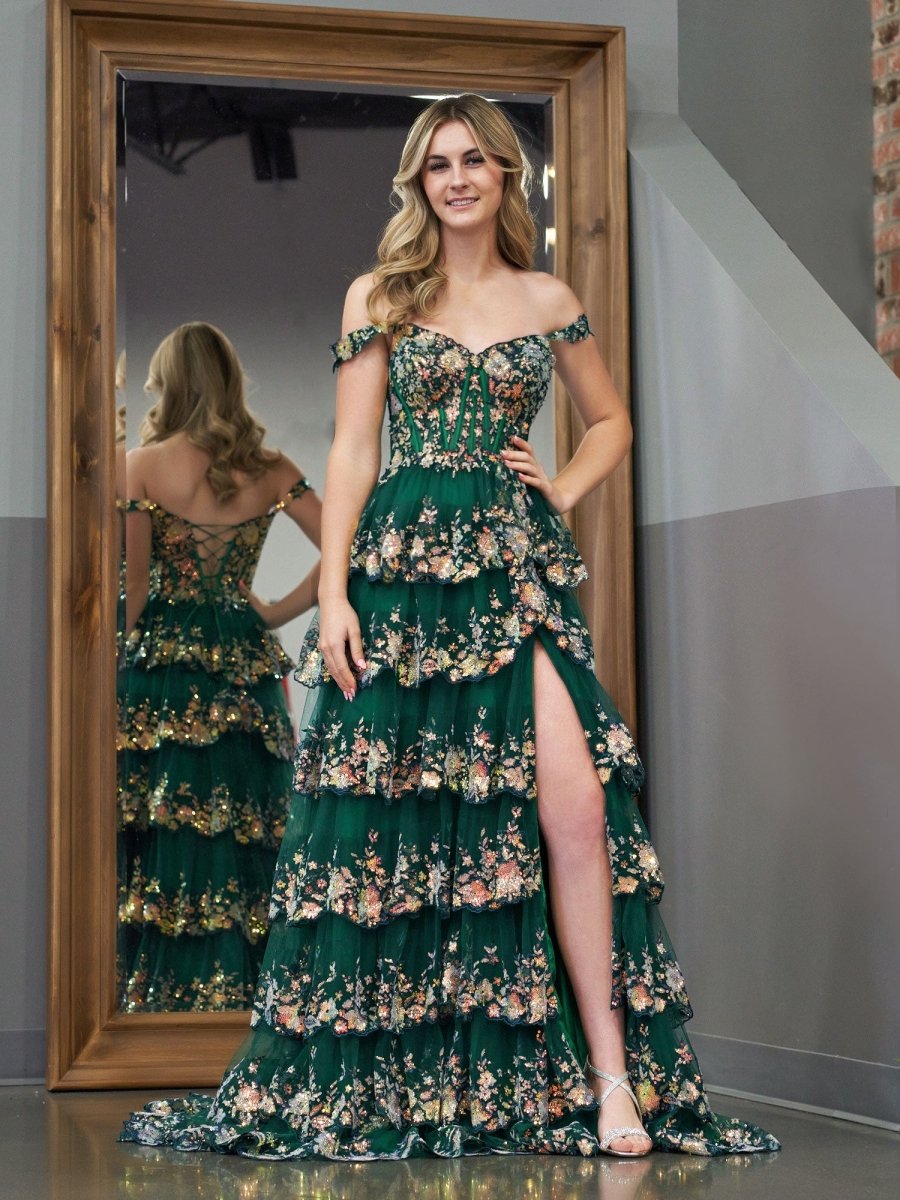 A-Line Lace Off-the-Shoulder Tiered Long Formal Prom Gown with Slit