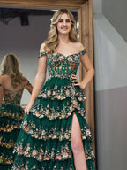 A-Line Lace Off-the-Shoulder Tiered Long Formal Prom Gown with Slit