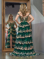 A-Line Lace Off-the-Shoulder Tiered Long Formal Prom Gown with Slit