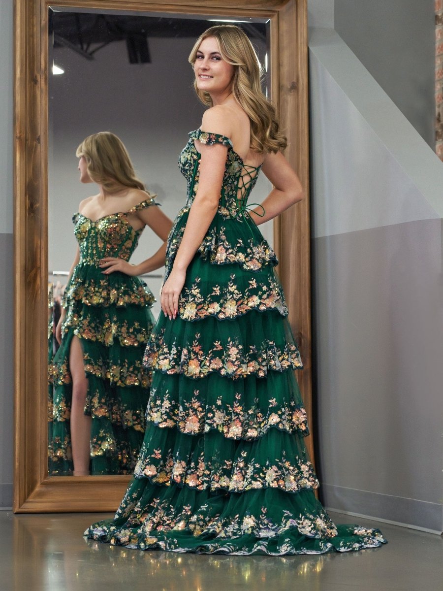 A-Line Lace Off-the-Shoulder Tiered Long Formal Prom Gown with Slit