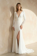 Diamond White Chiffon Mermaid Wedding Dress with V-Neck Neckline and Slit