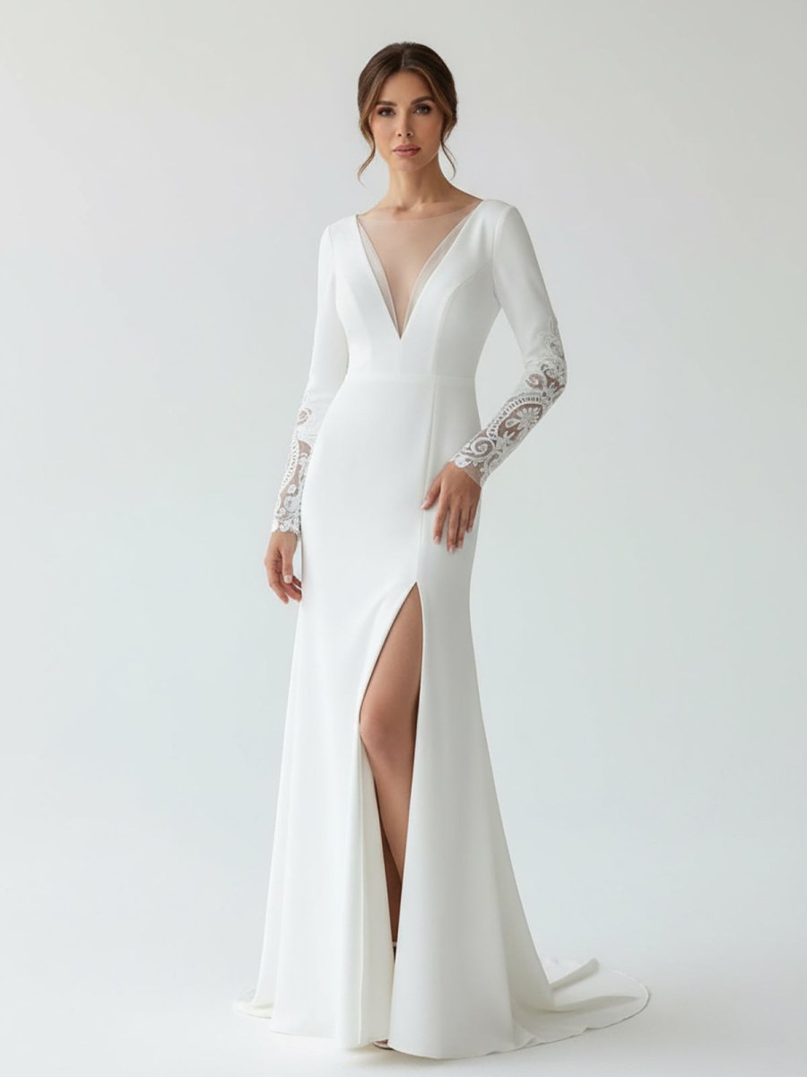 Diamond White Chiffon Mermaid Wedding Dress with V-Neck Neckline and Slit