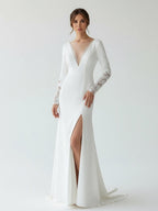 Diamond White Chiffon Mermaid Wedding Dress with V-Neck Neckline and Slit