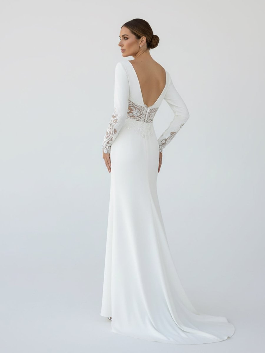 Diamond White Chiffon Mermaid Wedding Dress with V-Neck Neckline and Slit