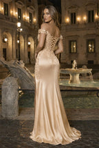 Burgundy Off The Shoulder Mermaid Beaded Satin Long Formal Prom Gown With Appliques